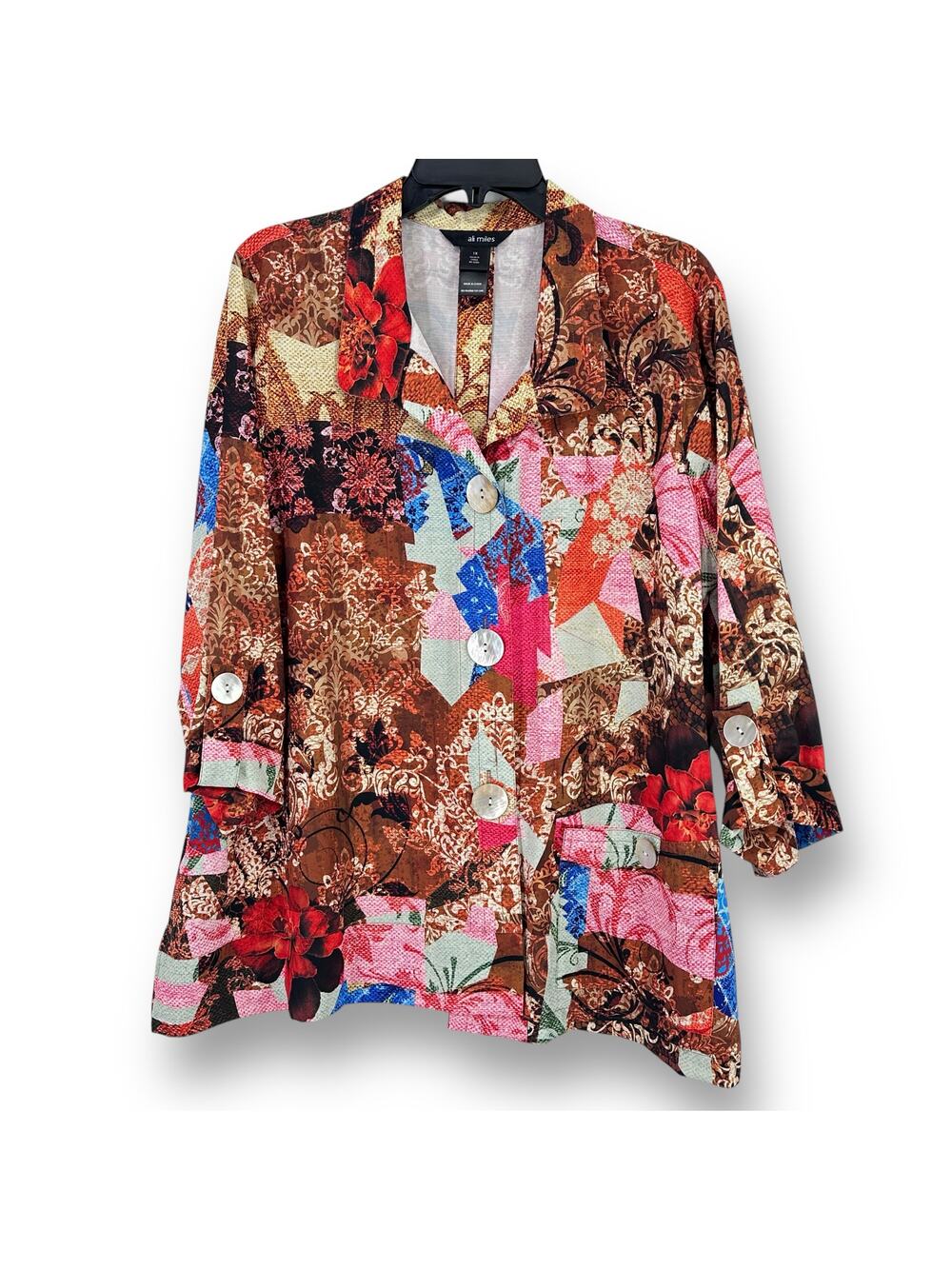Ali Miles Floral Mixed Media Oyster Button Wire Collar Shirt Plus Size 1X